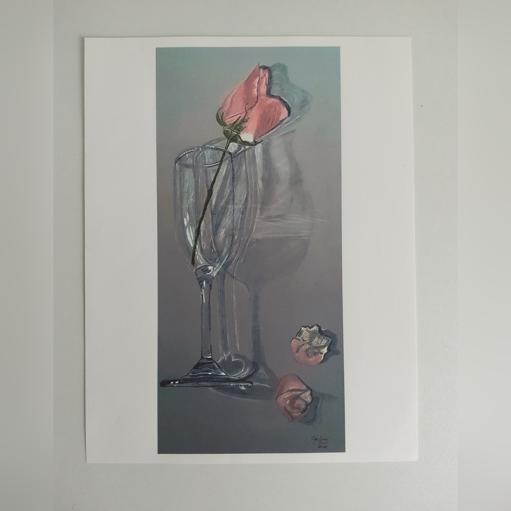 3D Champagne Glass With Pink Rose Print 8 1/2 X 11